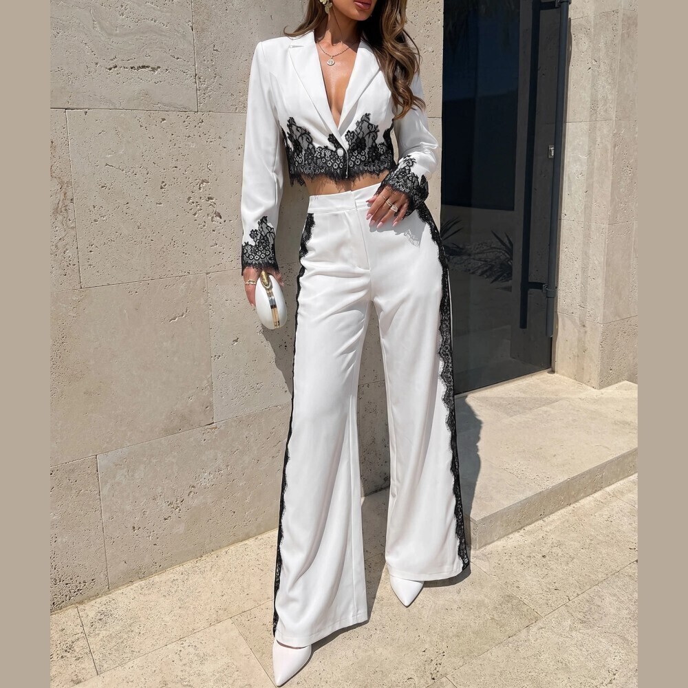 White Black Lace Trim Peak Lapel Cropped Blazer and Wide Leg Pants Set